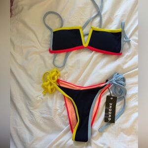 Oneone Bikini Set - Dark Blue with Yellow and Light Blue Accents